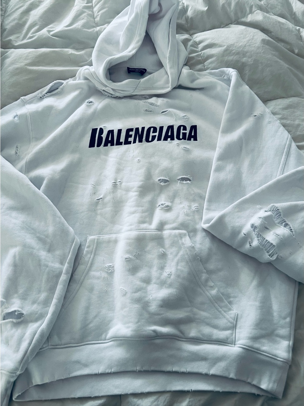 Balenciaga Caps Destroyed Hoodie Cotton White Oversized Size XS.